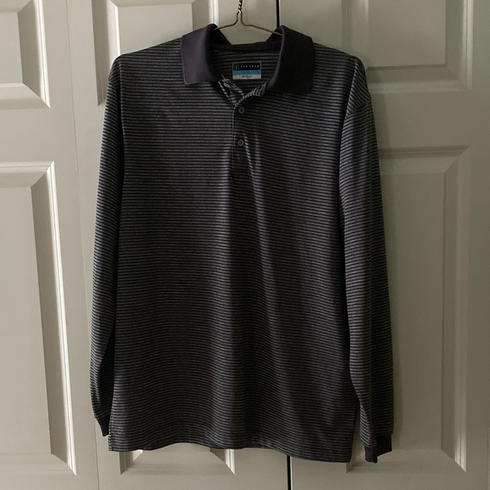 PGA Tour Men's long sleeve textured polo shirt charcoal button neck Large golf
